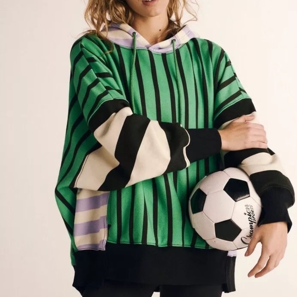 Free People Sprint To The Finish Printed Hoodie Ribbed Hem Pockets Green Multi - Picture 2 of 6